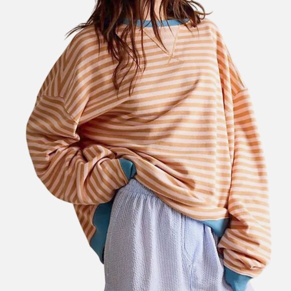 Free People Classic Striped Oversized Crewneck Sweatshirt Latte Combo Sz M - Picture 1 of 5